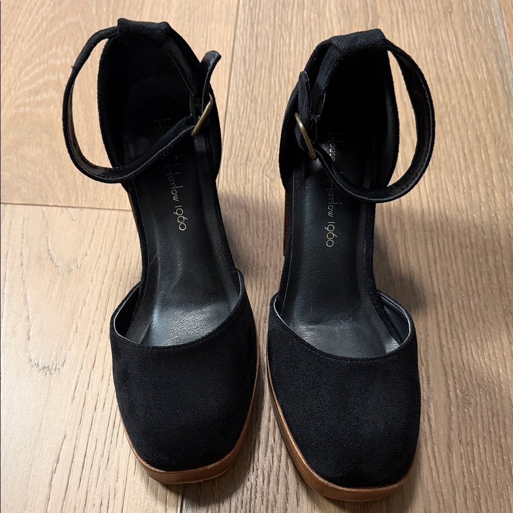 House of Harlow 1960 Black Suede Platform Sandals with Brown Wood-Look Sole